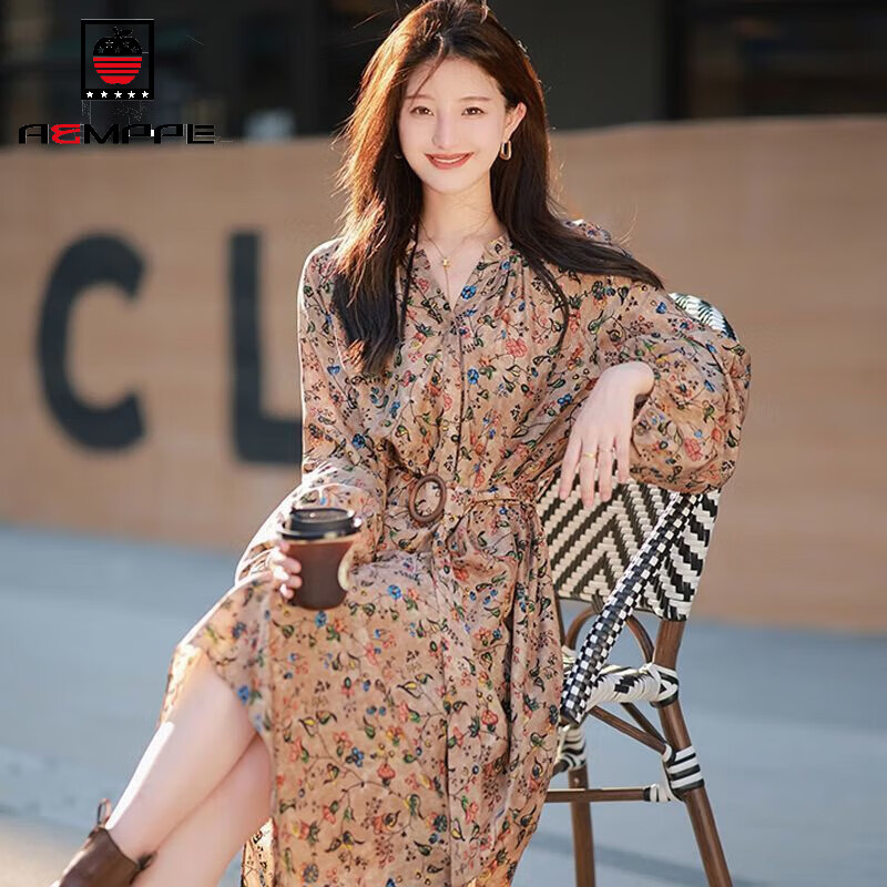 AEMAPE早春女裝2025新款長袖連衣裙收腰顯瘦長款碎花裙子貴婦內搭打底裙 印花 L 115-130斤