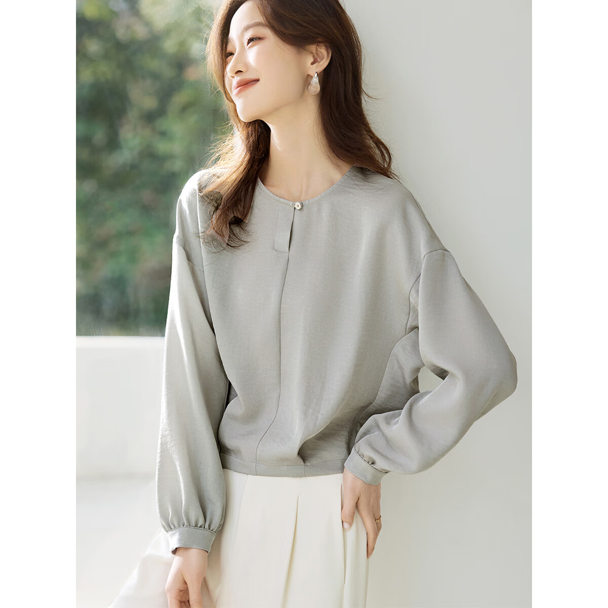 沫晗依美【轻熟风OL女衬衫】2025春季新款气质通勤百搭九分袖女休闲衬衫女 浅灰蓝 L