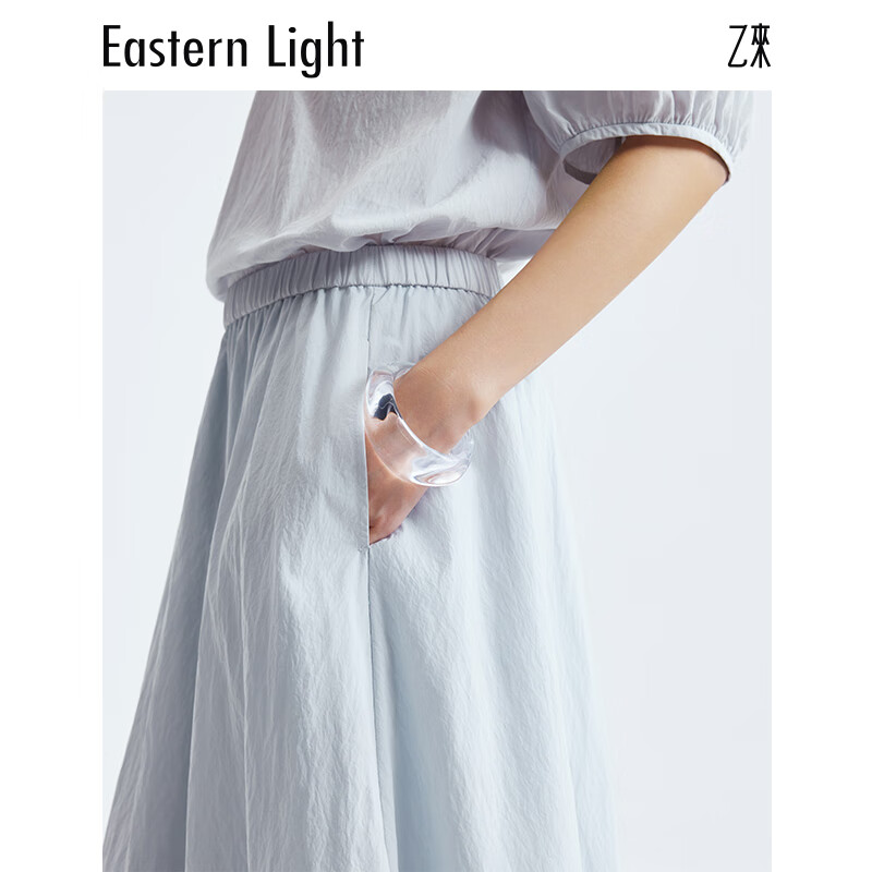 乙来(EASTERN LIGHT)2026夏季新款南法碎褶半身裙A字中长款女裙气质显瘦高级感夏装 晨雾蓝-半身裙 L
