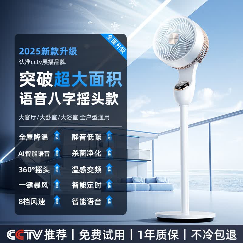 Niye【AI暴风循环】空气循环扇制冷大风量落地3D语音AI遥控全自动摇头电风扇静音立式家用卧室宿舍 智能语音升级款-3D摇头【一键暴风】