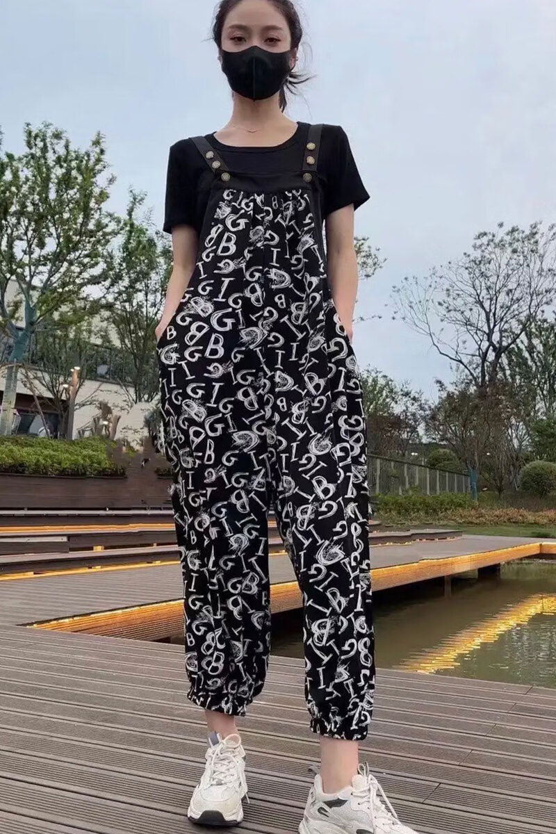 蜜凡蘇背帶褲套裝女夏季2025薄款寬松顯瘦女士背帶褲兩裝九分褲雪紡連體 字母背帶褲+黑T M(建議100斤以內(nèi)) 均碼