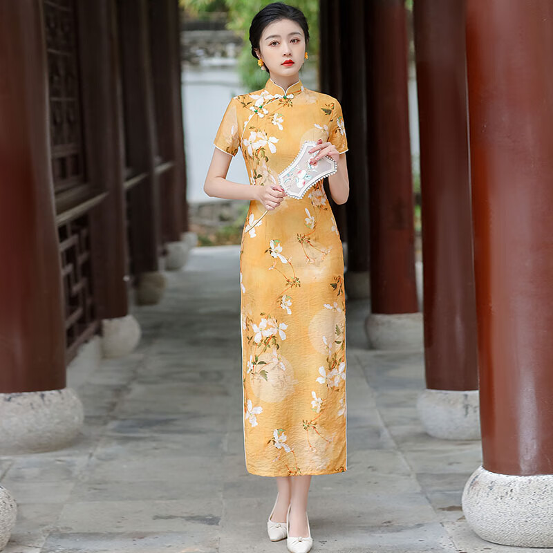 黄色长款改良旗袍新款2025年轻款女复古修身气质平时可穿连衣裙夏 花黄 S