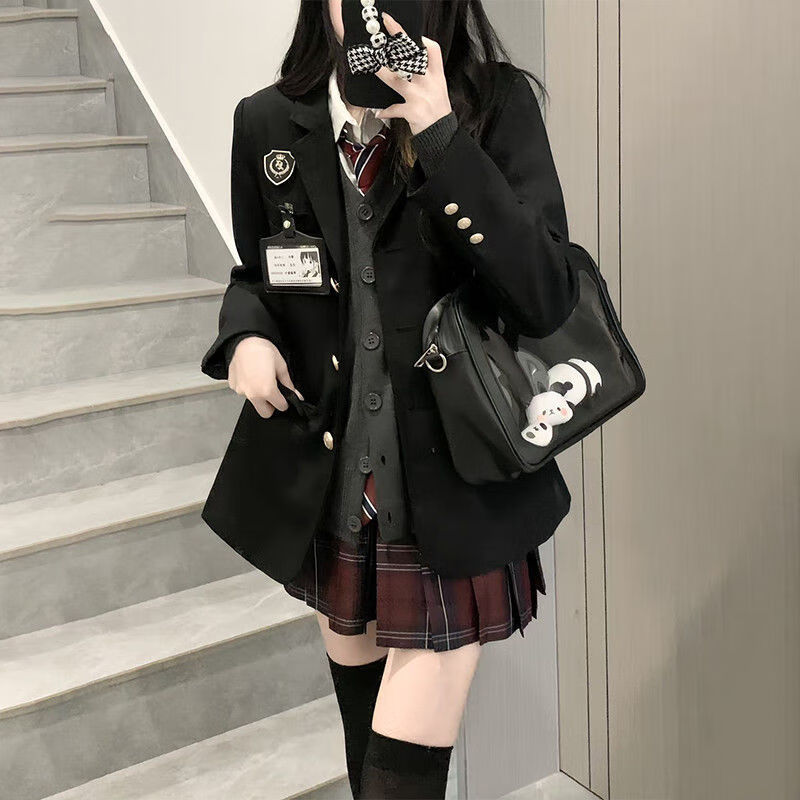 COMIC SOUL原创jk制服套装女秋冬款正版学院风校供格裙子针织开衫叠穿一整套 四件套深灰开衫+衬衫+玄红裙+红领带 S