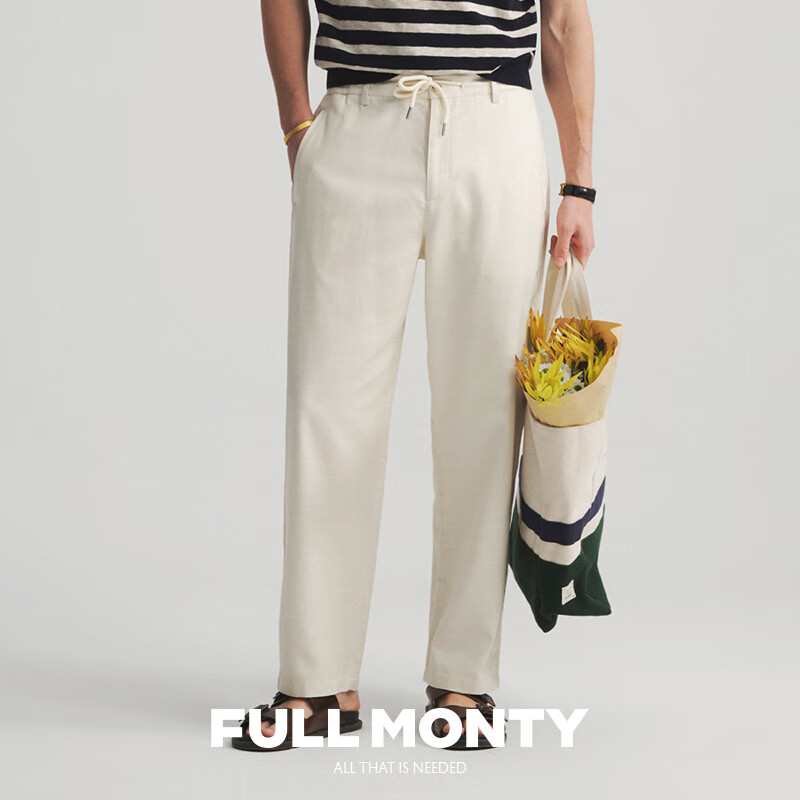 FULL MONTY【新款】米白色抽绳裤斜纹棉天丝男士宽松直筒休闲裤2025年春夏 米白色40028 L