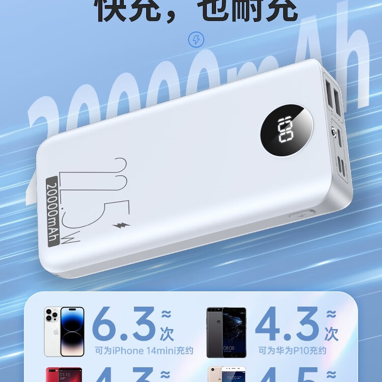 正品充电宝3c认证快充可上飞机高铁20000毫安超大容量超级快充PD闪充移动电源便携适用华为苹果 【升级40W快充全套】自带四线 20000mAh