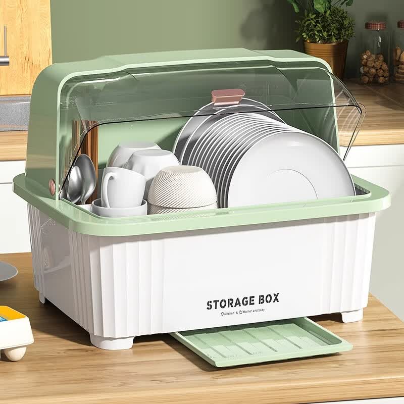 美余生活碗筷收纳盒碗柜带盖装餐具碗盘箱放碗家用置物厨房加厚沥水碗碟架 4-6人用【荧光绿】碗碟收纳架