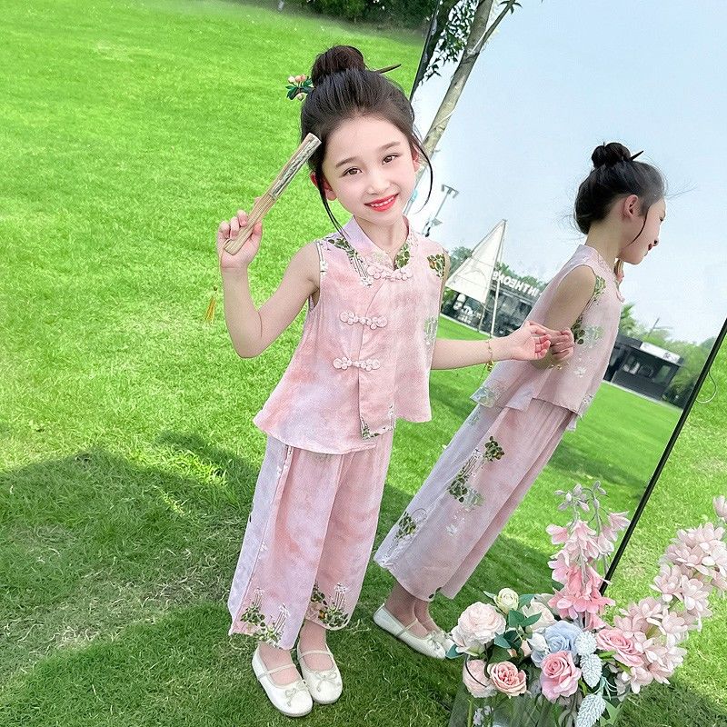 伊顿德鲁汉服女童棉绸套装夏季2025新款洋气时髦儿童新中式夏装女 粉色汉服套 80 cm