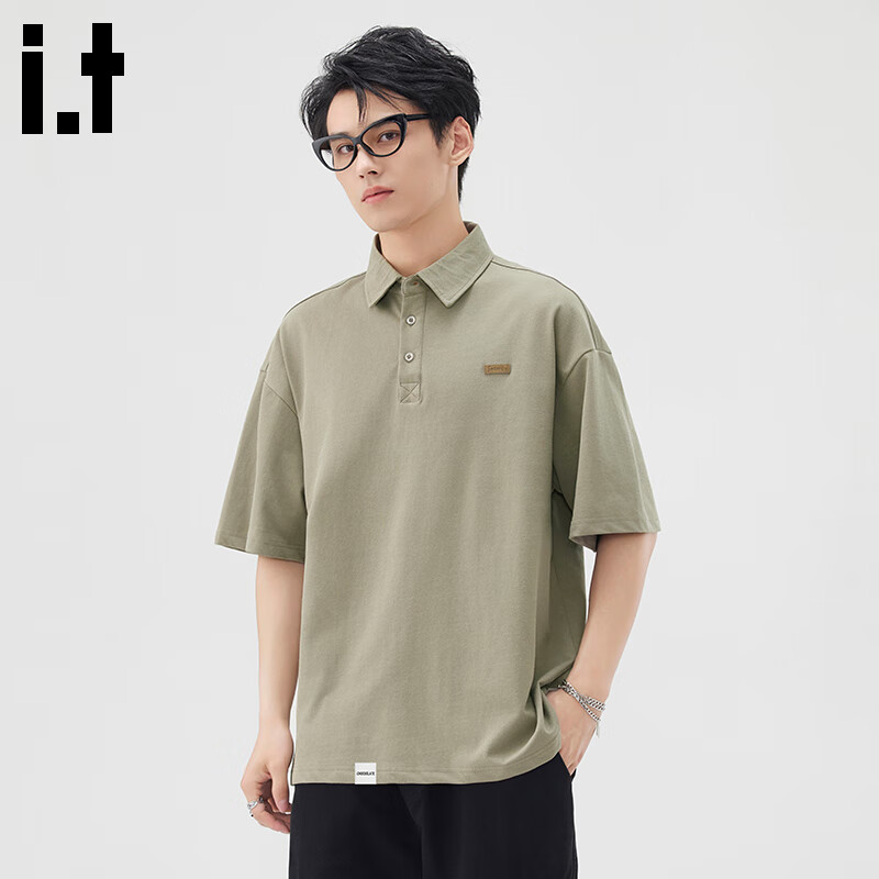 :CHOCOOLATE it夏季短袖polo衫男2025新款翻领短袖宽松休闲纯色打底t恤衫 灰绿色 【官方正品】 L 【建议110斤-130斤】
