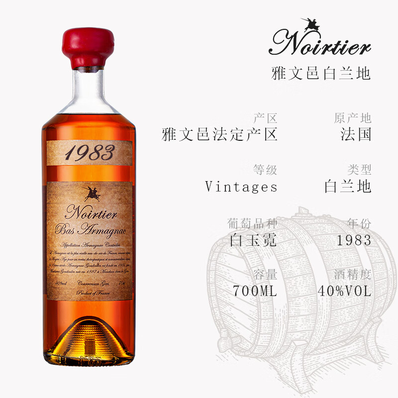 诺瓦迪1960-2009 可选生日年份雅文邑白兰地法国原瓶进口洋酒烈酒礼盒装 1983年 700mL 1瓶 礼盒装 雅文邑白兰地