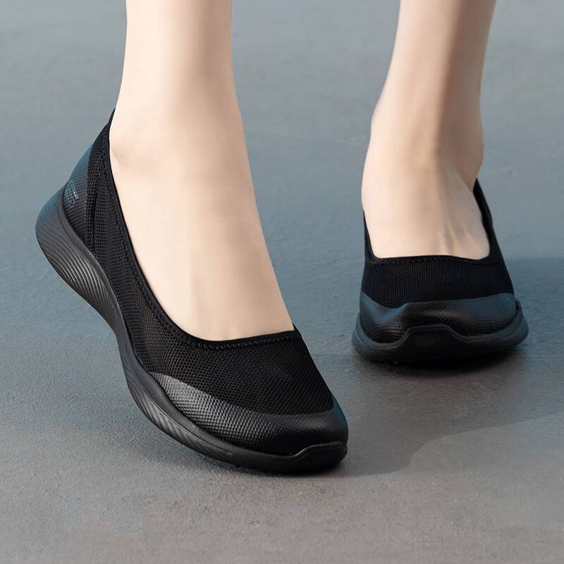 斯凯奇（Skechers）女鞋夏季2025新款网面透气休闲鞋一脚蹬穿脱老人鞋轻便软底妈妈鞋 黑色-BBK /浅口透气 3