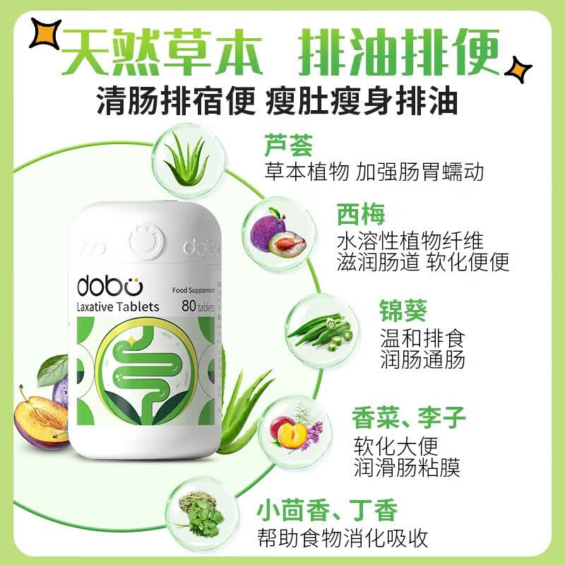 DOBO噗噗片便秘清肠排毒通便润肠药老人膳食纤维西梅肠胃养护清清片 【1盒装80粒】12味草本升级版噗噗片