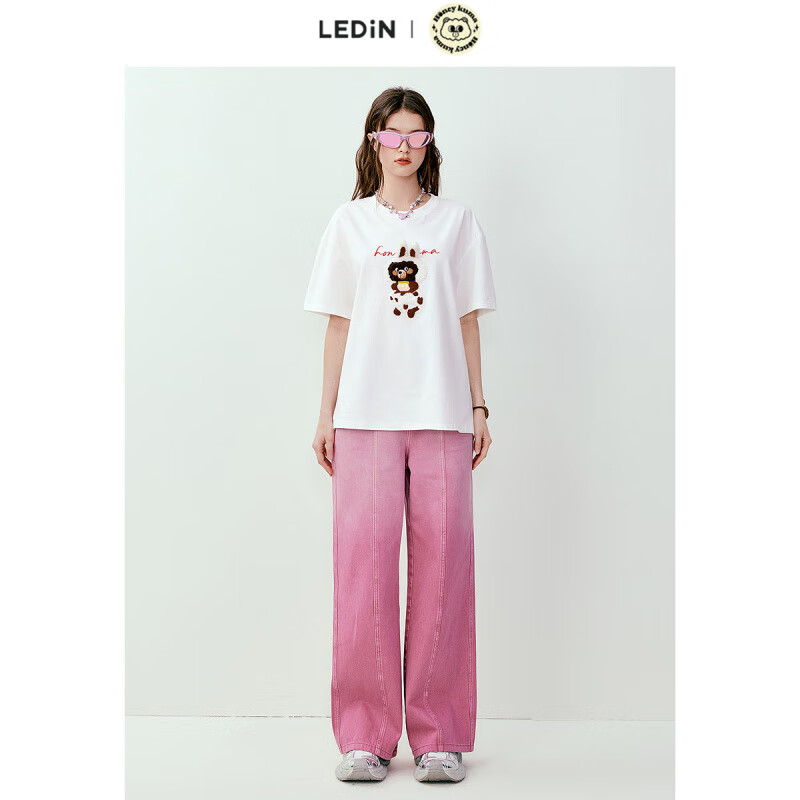 乐町HoneyKuma联名乐町夏新款刺绣立体玩偶宽松白色短袖T恤 米白() XS