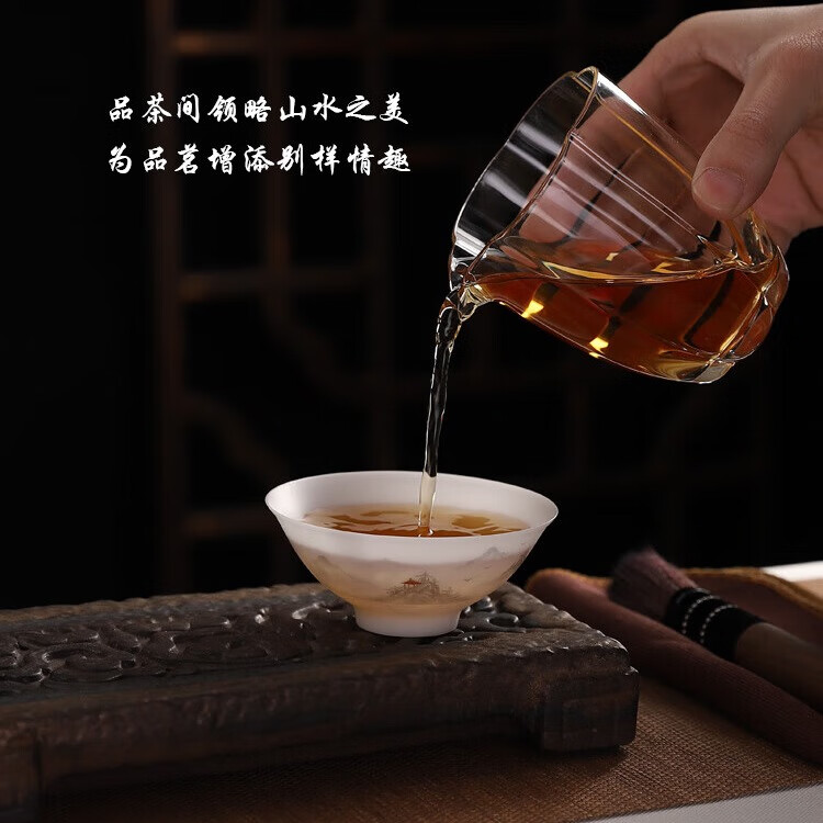 羊脂玉瓷普洱杯冰种素烧高端手工陶瓷主人杯斗笠杯描金手绘伴手礼 薄胎-手绘山水-斗笠杯 100ml 1只