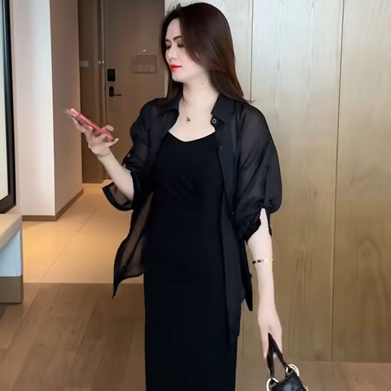 蕉京夏季小众设计感防晒衬衫女夏款薄款外套衬衣2025新款雪纺衬衫 黑色 XS