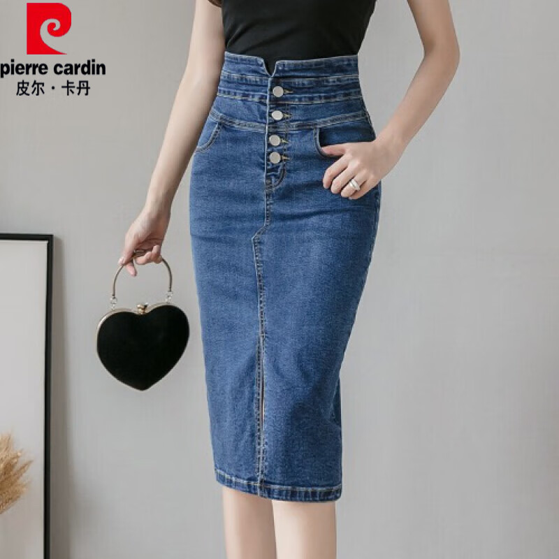 皮爾卡丹（pierre cardin）2025新款韓版高腰牛仔裙女夏季中長款a字半身裙性感開叉包臀裙子 藍(lán)色 XL