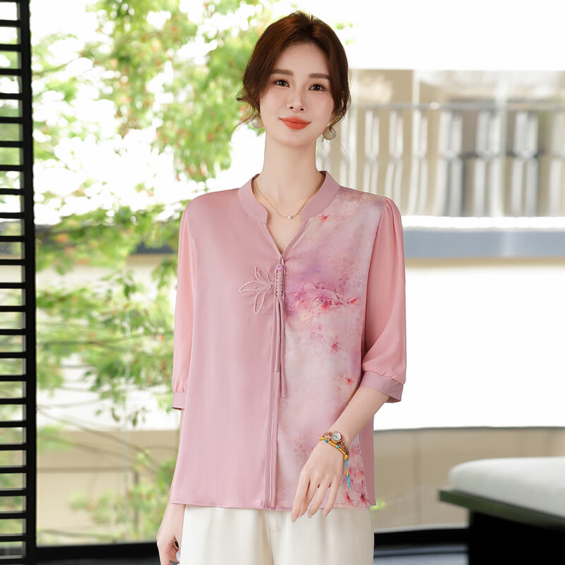 孜颜中年人妈妈装夏装中袖衬衫雪纺小衫40岁50中老年女装上衣母亲衣服 A2513粉色【上衣】 XL (建议85-100斤)