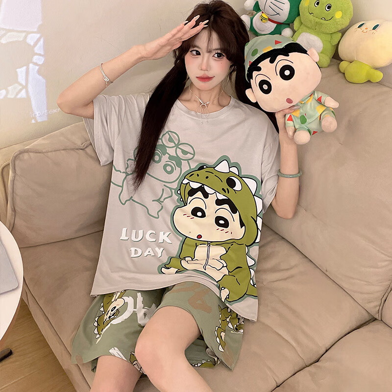 萧淑妃睡衣女夏季薄款纯棉短袖短裤青少年学生卡通蜡笔小新家居服套装 恐龙蜡笔小新 2XL
