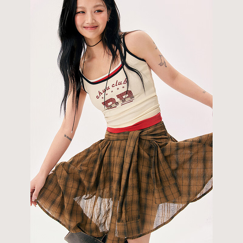 CHUU不規(guī)則格子半身裙女2025年夏季新品字母刺繡綁帶a字裙短裙子 咖啡格 (有內(nèi)襯) M