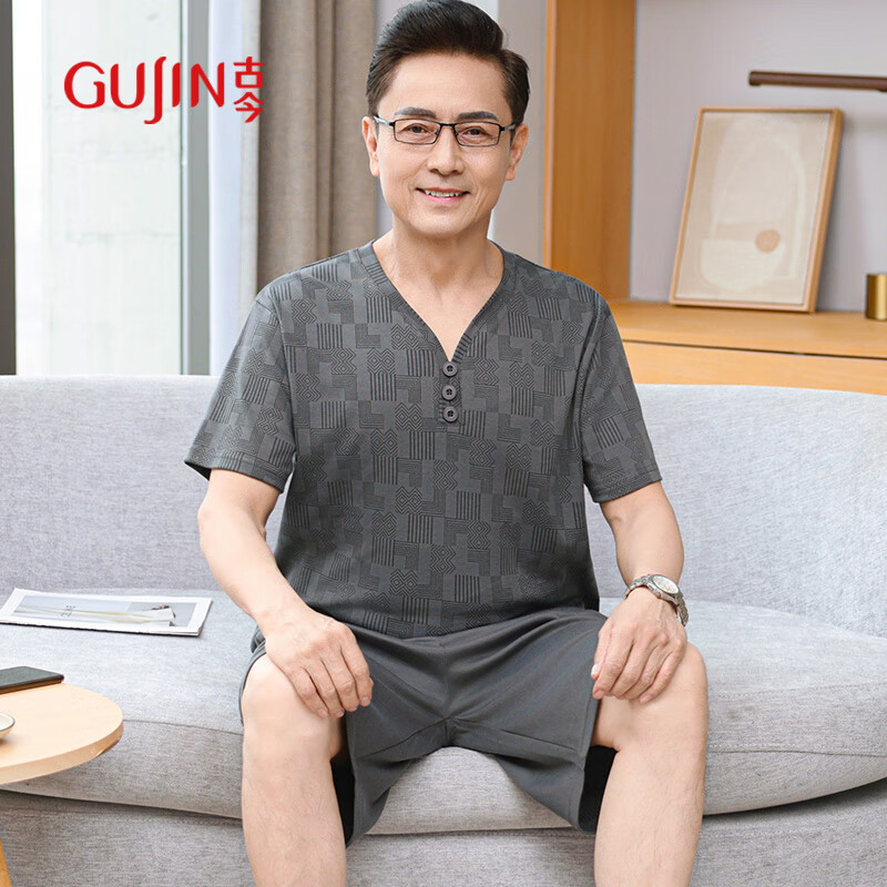 古今（GUJIN）中老年爸爸裝夏季睡衣男大碼短袖中褲精梳棉吸汗透氣家居服可外穿