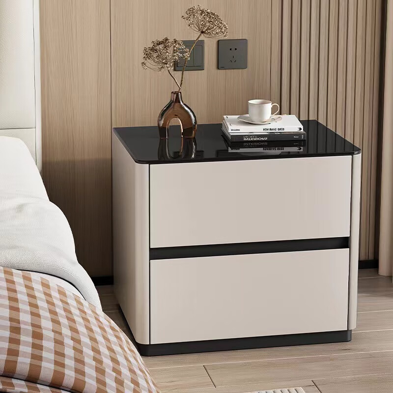 实木烤漆床头柜简约现代轻奢高级感卧室床边柜收纳柜钢化玻璃桌面 米白色【实木烤漆】 50x40x50cm