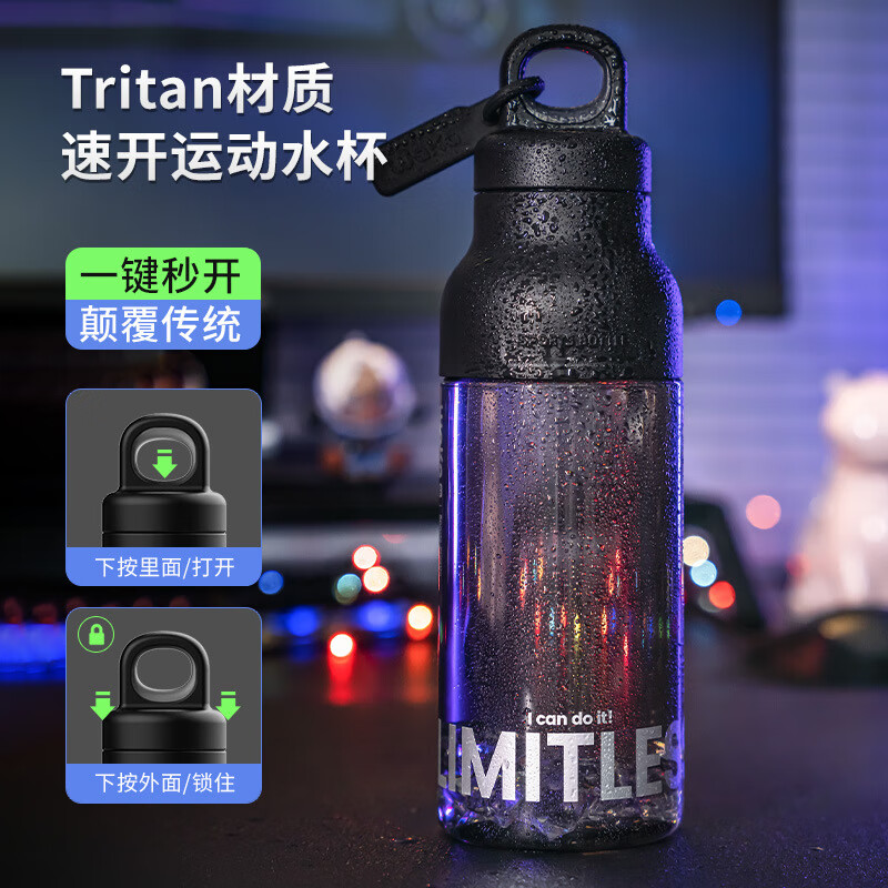 俯界(FUJIE)运动水杯无螺纹夏季男女大容量耐高温塑料杯便携防摔 【幻影灰】速开运动杯 650ml