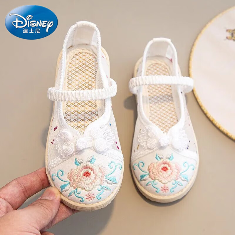 迪士尼（Disney）夏季汉服鞋女童绣花鞋古装儿童布鞋古风民族风软底小公主网纱凉鞋 0056白色(网纱) 25 /鞋内长15.2cm