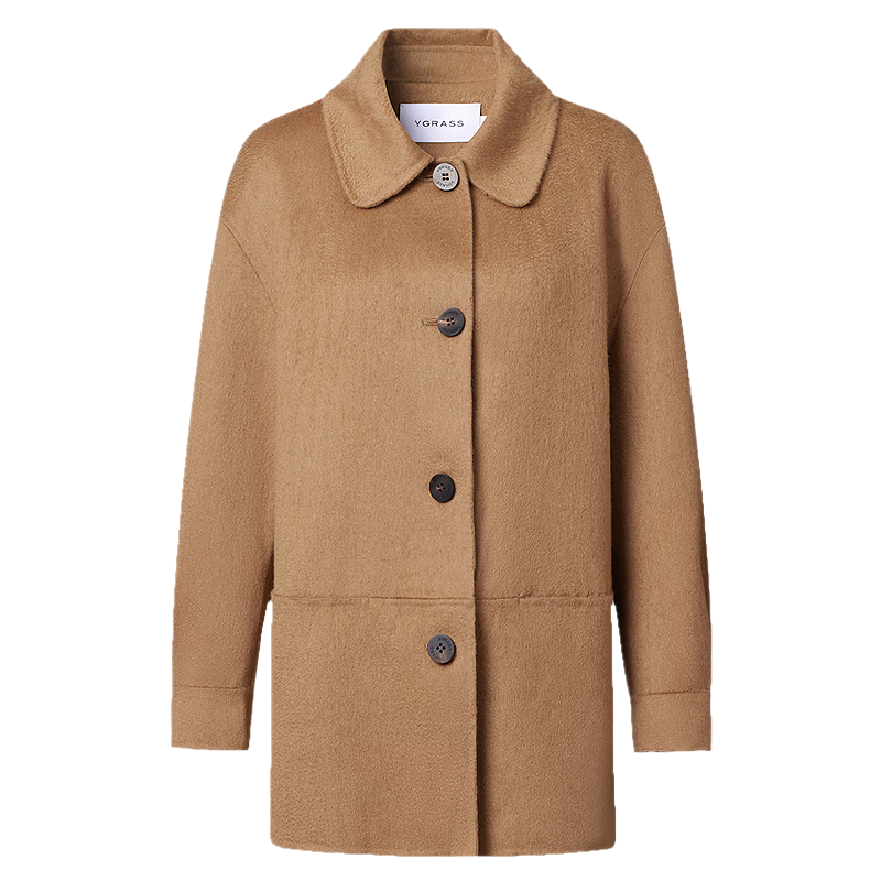 VGRASS【柔軟靜奢風】維格娜絲冬季新款駱駝絨翻領高級感中長款大衣女 金棕色 S