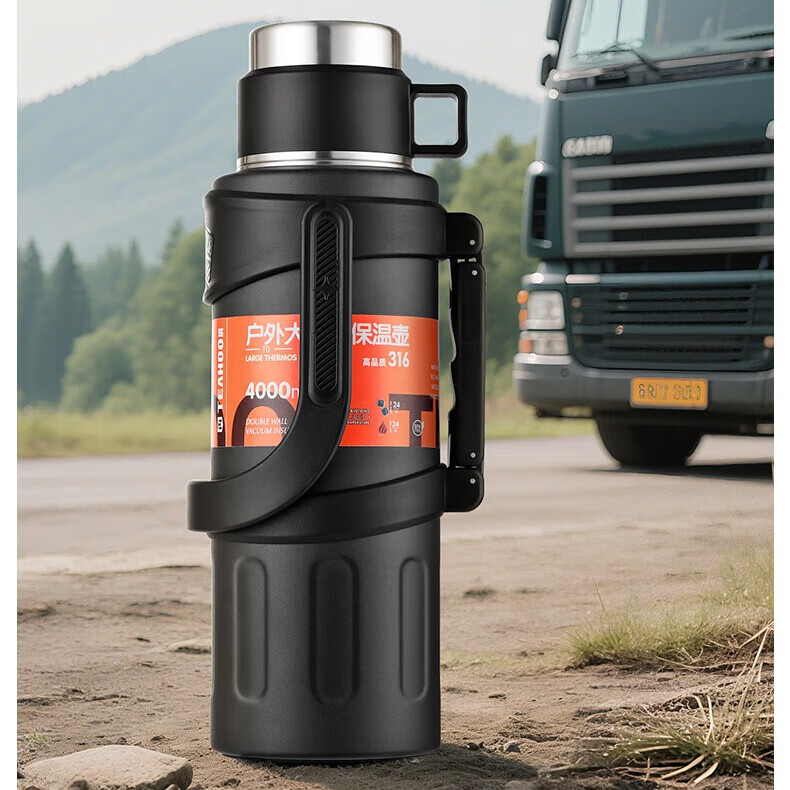 琪虎316不锈钢保温壶大容量户外便携2025新款家用水瓶车载旅行壶宿舍 双内盖-双把手-2500ML军绿色