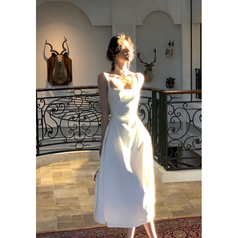 玖维娅法式感初恋白色吊带连衣裙女夏装2025新款白色连衣裙女长裙子 白色 S