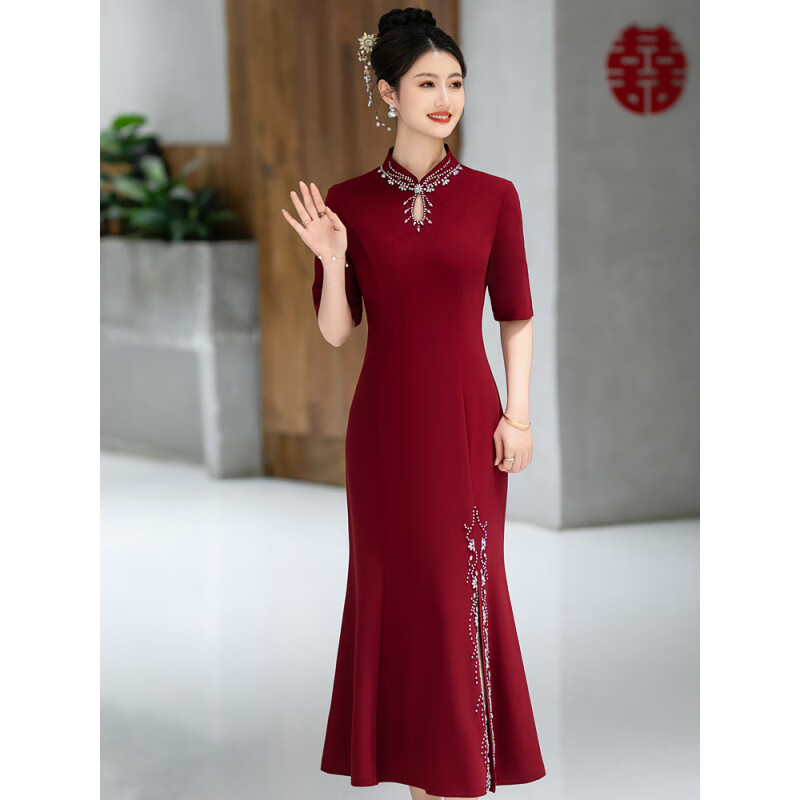 Rindu婚紗新娘主紗重工高定拖尾中式旗袍五月結(jié)婚敬酒感魚(yú)尾長(zhǎng)款大碼款 1053紫紅色 2XL