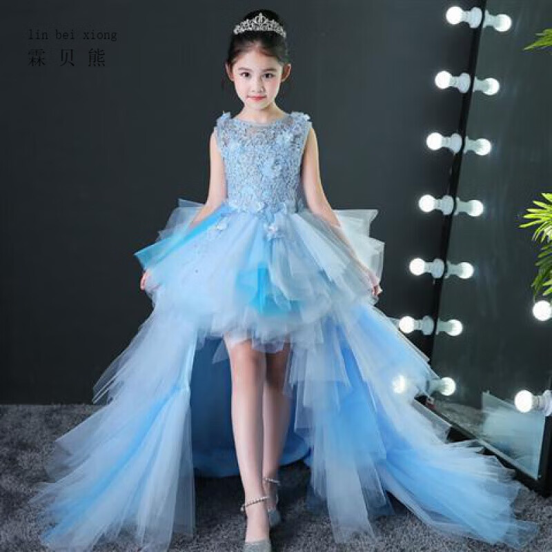 霖貝熊花童公主裙女童輕奢蓬蓬紗走秀婚紗裙拖尾晚禮服主持人鋼琴演出服 藍色 拖尾 150 建議70-80斤 身高143-153厘米
