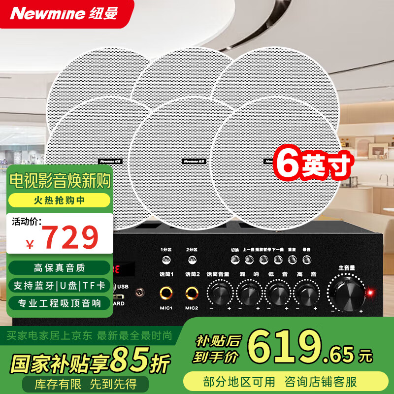 纽曼（Newmine）R106吸顶音响套装蓝牙定压功放机公共广播家用客厅商用会议店铺背景喇叭嵌入式隐藏吊顶音箱一拖六