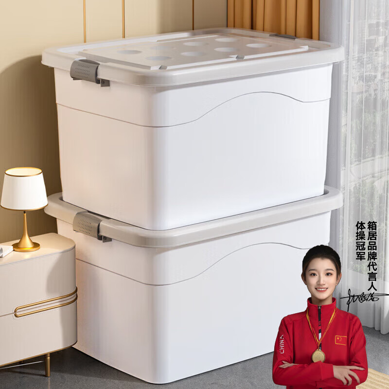 箱居 收纳箱特大号整理箱零食玩具收纳衣服储物箱儿童箱子收纳盒 灰白色2只带滑轮【55*37*30】