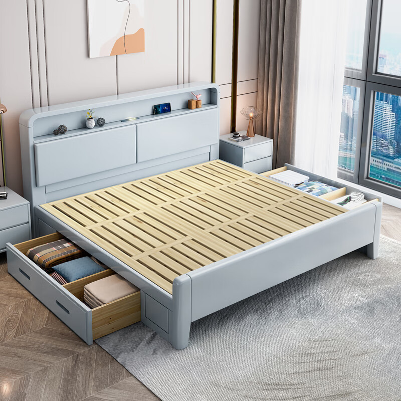 DeRUCCI HOME慕斯实木床1.8米双人床1.5m现代简约小户型1.2儿童床单人储物婚床 单床+20cm乳胶弹簧床垫+2柜 床 1800mm*2000mm箱框结构