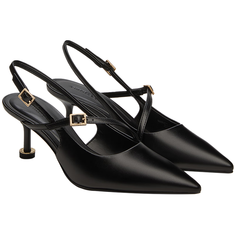 CHARLES&KEITH25夏新品一字帶尖頭中跟包頭涼鞋單鞋CK1-60280474 Black黑色 37 （235）