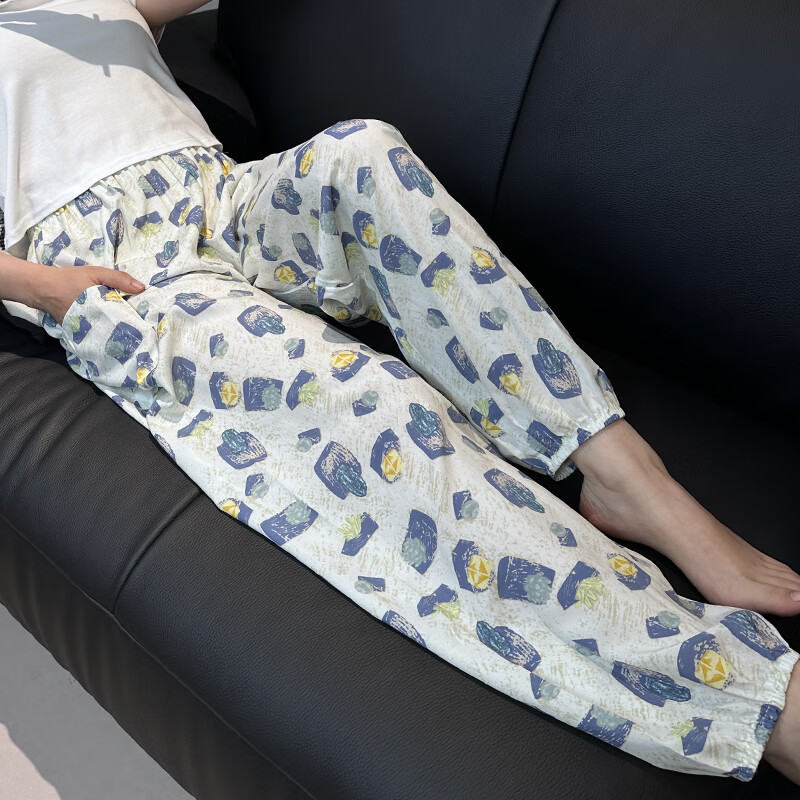 加长大码棉绸睡裤女士夏季薄款人造绵绸可外穿家居碎花长裤子宽松 蓝宝石 束脚款 2XL 裤长98 体重90-150斤