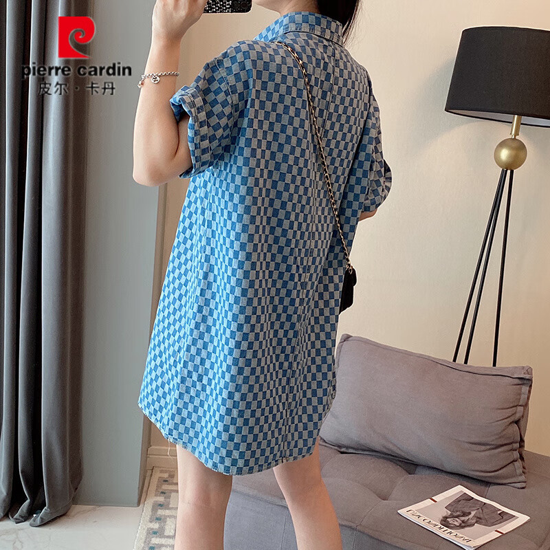 皮尔卡丹（pierre cardin）2-300斤胖mm牛仔蓝连衣裙女夏季新款特大码中长款宽松短袖t恤裙子 蓝色连衣裙 XL 【建议120-150斤】