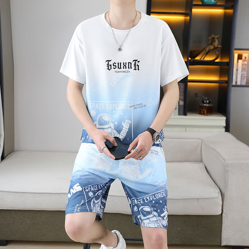 洛科驰短袖套装男2025夏季新款青少年潮流时尚渐变色休闲百搭运动两件套 6186蓝色 M