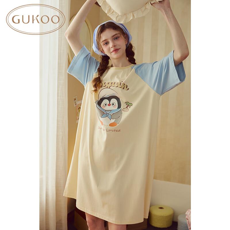 果壳（Gukoo）睡裙女春夏新款卡宽松插肩袖圆领纯棉女士家居服睡裙 奶油黄  M 