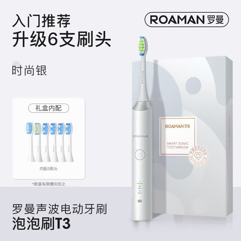 罗曼（ROAMAN）电动牙刷成人男女情侣款防水声波电动牙刷HT10Pro约365天长续航节日生日礼物教师节支持鸿蒙智联 T3银色【内含6刷头】