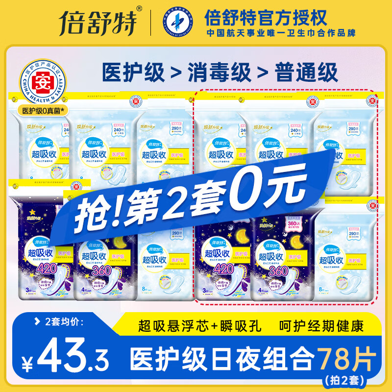 倍舒特卫生巾医护级超吸收透气日用夜用超薄姨妈巾女裤学生正品整箱批发 医护级日夜组合39片