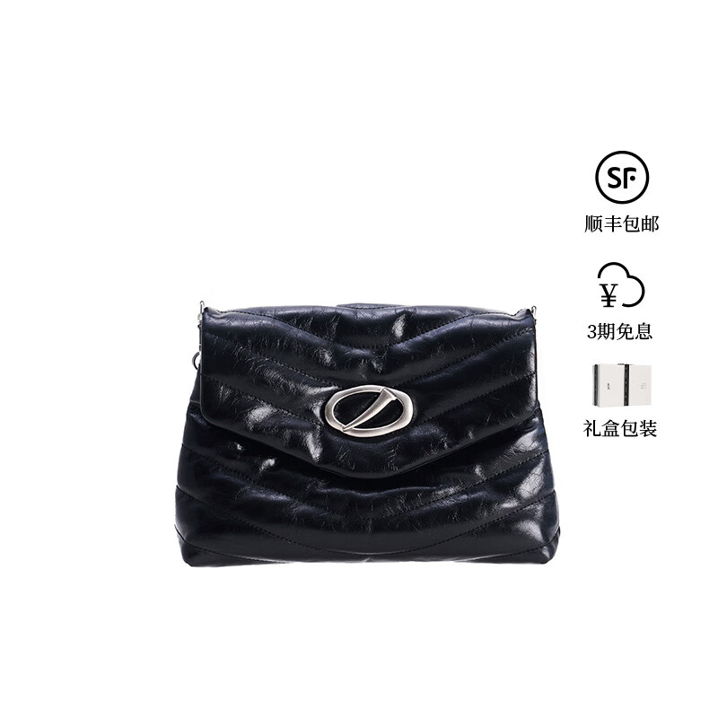 直见【38节礼物】一撇信封包轻奢油蜡真牛皮通勤百搭斜挎绗缝泡芙女 墨黑色 中包