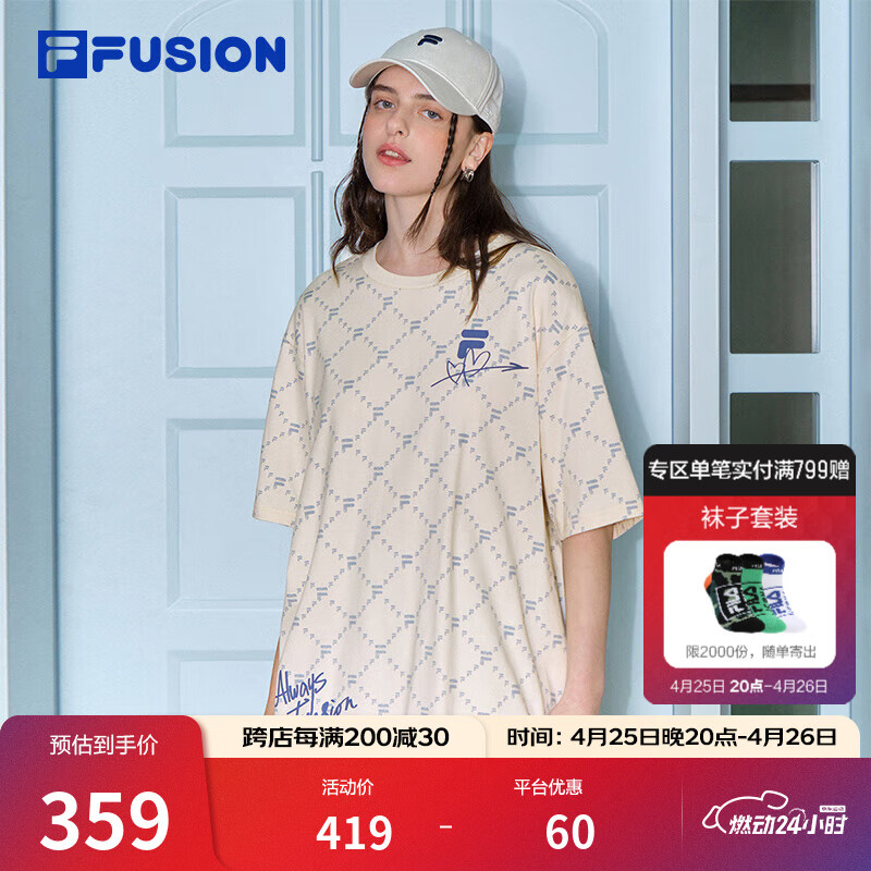FILA FUSION斐乐潮牌情侣款针织短袖衫夏季时尚宽松纯棉T恤 麦乳色-BG S 165/88A