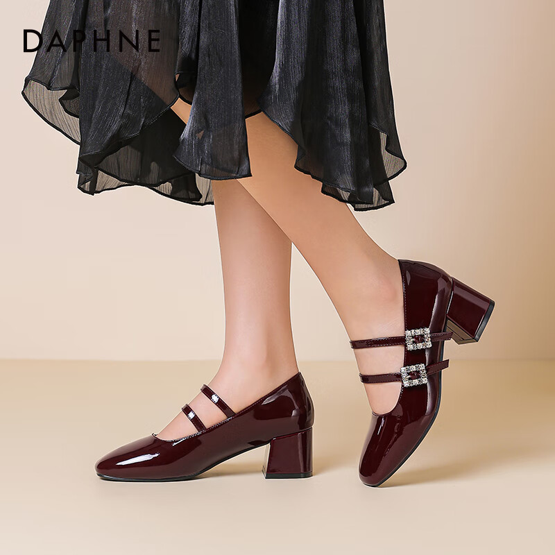 达芙妮玛丽珍女鞋2026春季新款粗跟方头高跟鞋女复古浅口皮鞋单鞋女JD 酒红色【4.5cm粗跟】 37