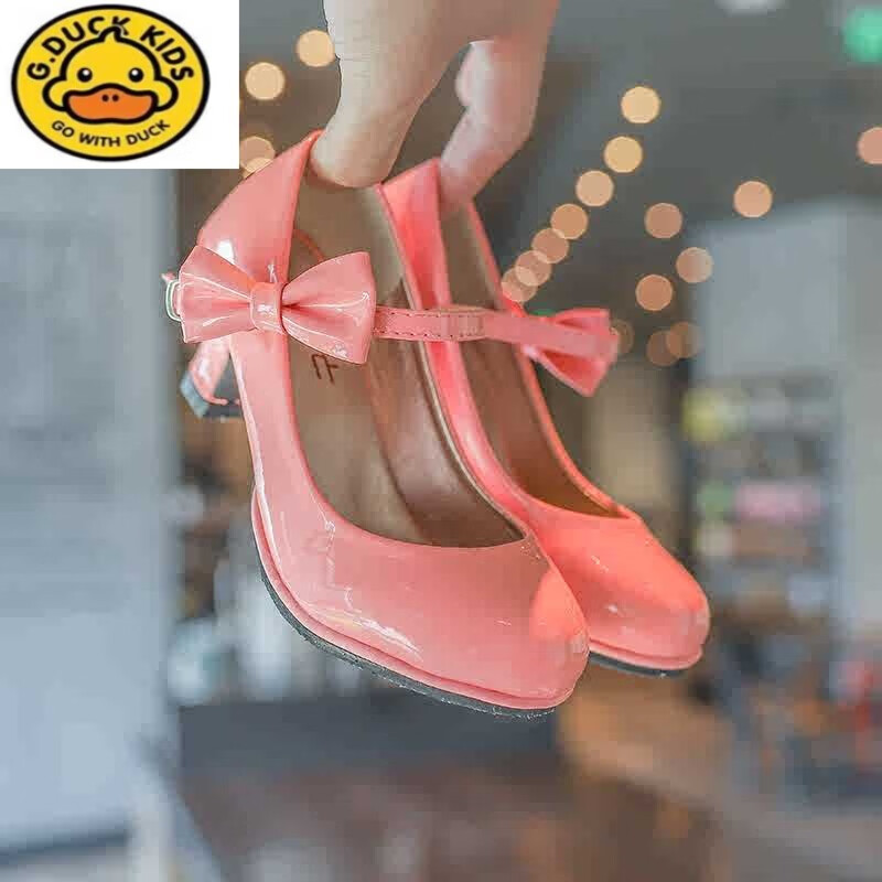 高跟鞋儿童皮鞋小公主单鞋红色小女孩演出走秀公主鞋小孩鞋子 粉红色