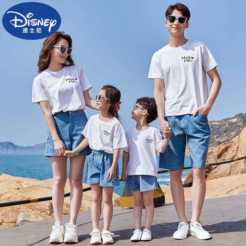 迪士尼（Disney）親子裝一家三口夏季2025新款高端家庭裝套裝休閑t恤沙灘裝四口裝 白色(套裝-A款) 90 童裝