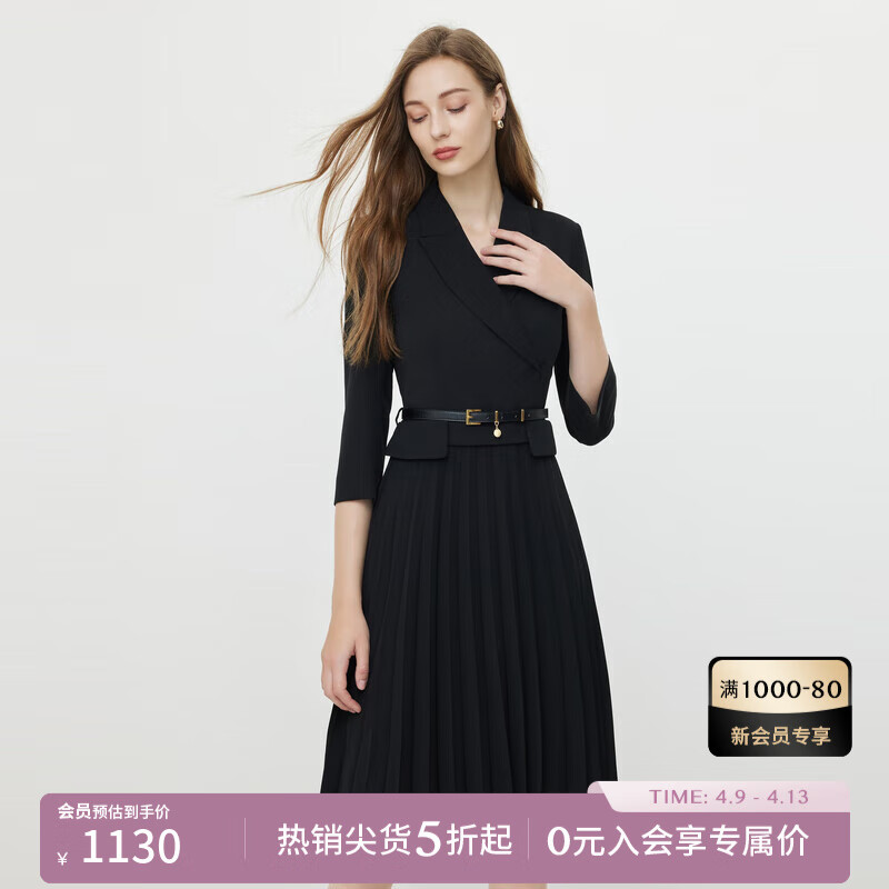 SCOFIELD假兩件西裝裙黑色百褶長袖優(yōu)雅氣質(zhì)純色連衣裙 黑色七分袖 S 160