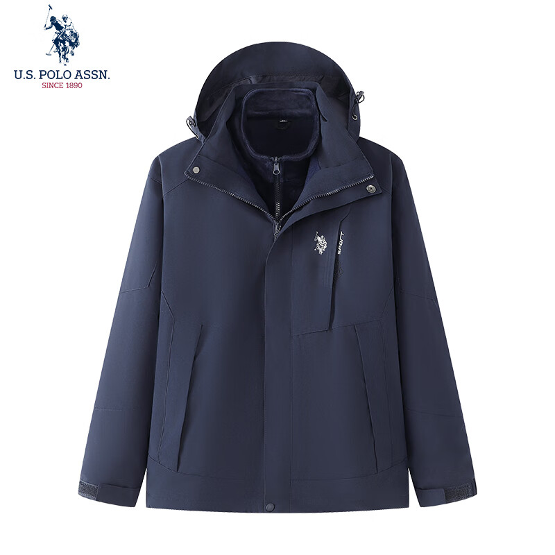 U.S. POLO ASSN.冲锋衣保罗秋冬季户外运动夹克三合一登山服外套上衣男装 深蓝【三合一】1818 2XL 180（140-160斤左右）