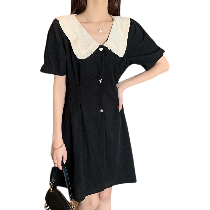 皮爾卡丹（pierre cardin）胖妹妹復(fù)古撞色娃娃領(lǐng)連衣裙大碼小個子輕熟風(fēng)優(yōu)雅氣質(zhì)小黑裙女夏 黑色 XL 【120-140】