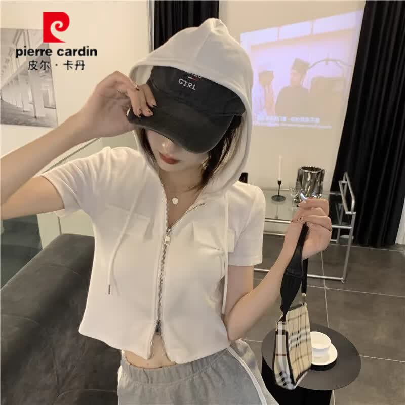皮尔卡丹(pierre cardin)拉链连帽短袖t恤女2026夏季新款韩系修身显瘦遮肚子短款甜辣上衣 灰色【面料不起球不掉色】 M 建议86-100斤